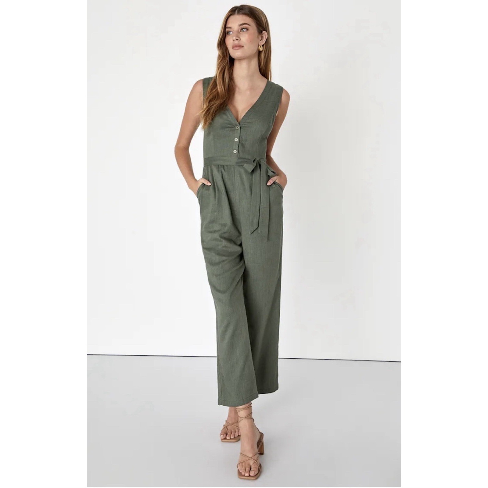 Lulus Confidently Modern Olive Green Linen Sleeveless Jumpsuit Women's Size Med